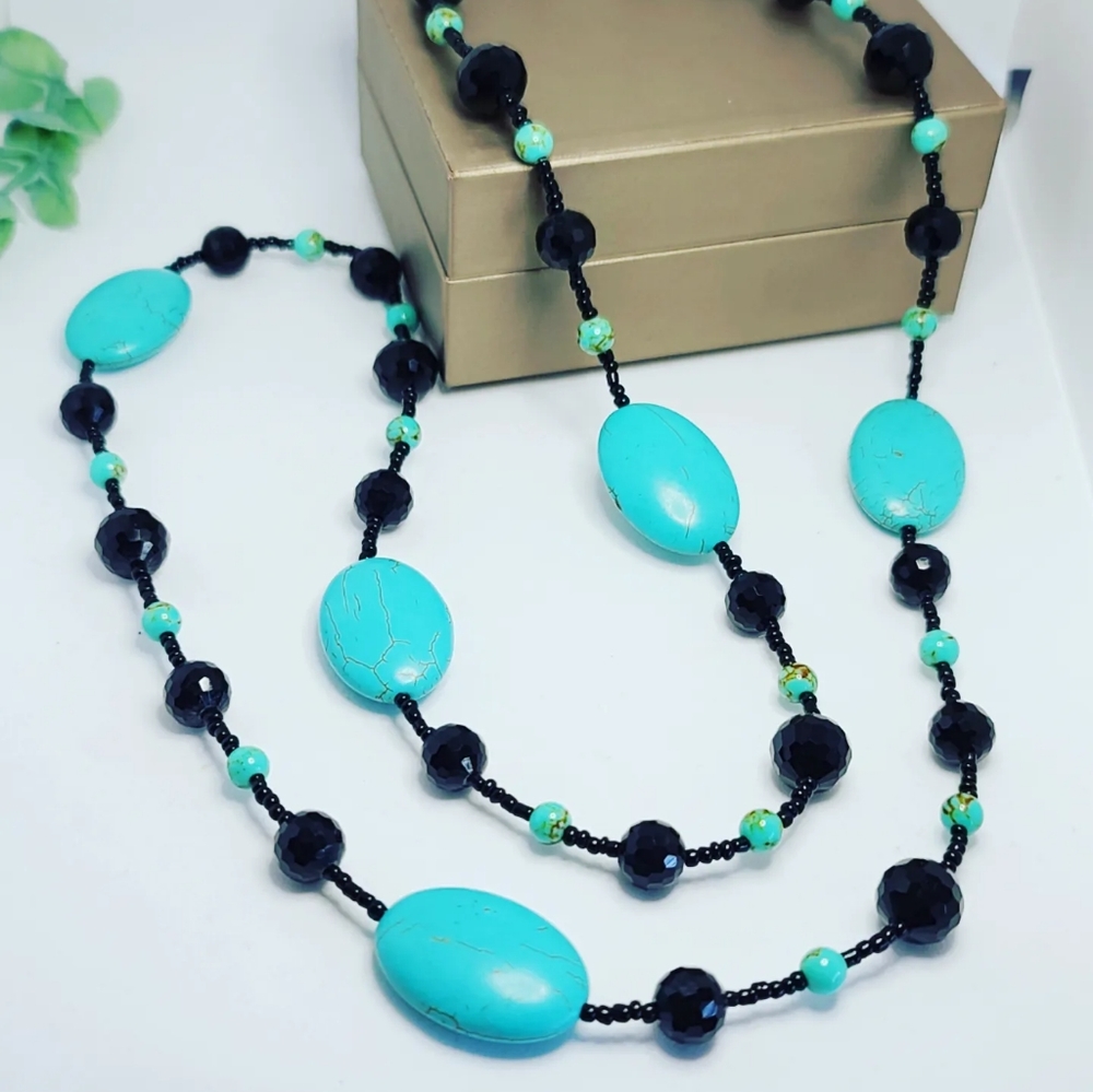 Turquoise Oval and Czech glass handcrafted necklace